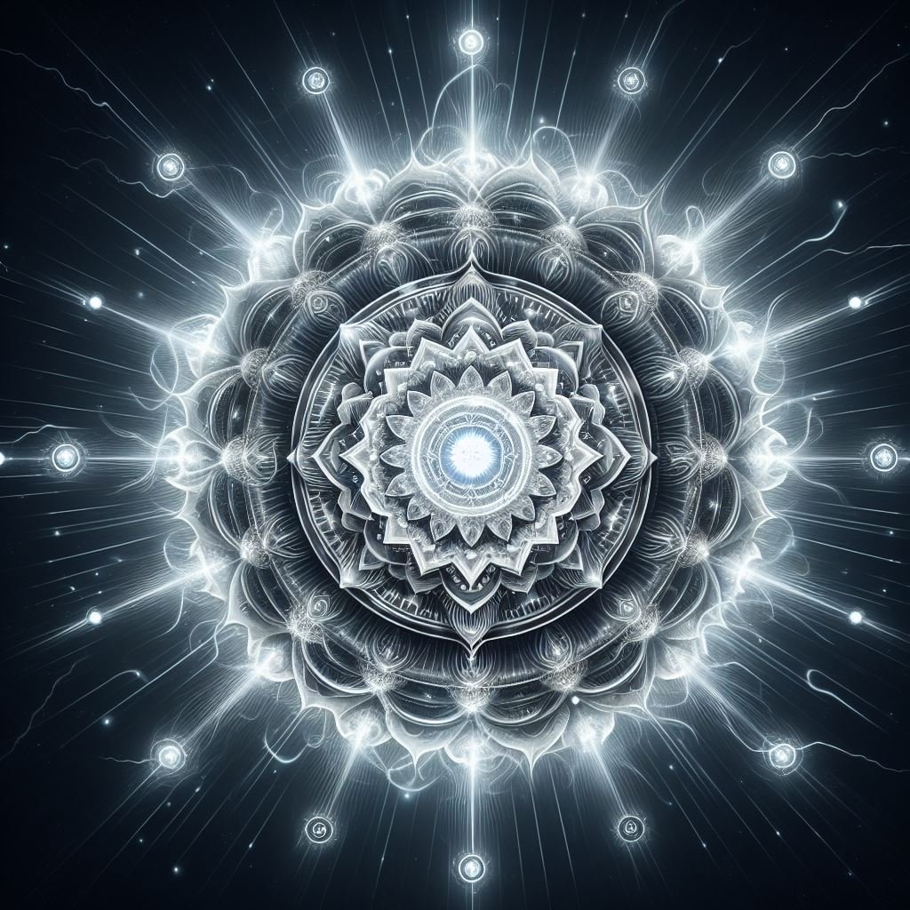 Illustration of the Crown Chakra (Sahasrara), depicted as a violet or white lotus with a thousand petals, symbolizing spiritual enlightenment, higher consciousness, and divine connection