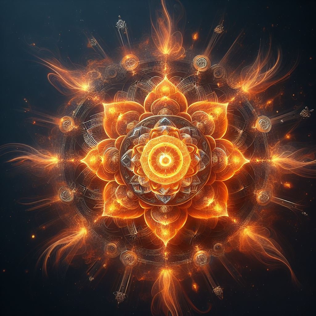 n artistic representation of the Sacral Chakra (Svadhisthana) symbol, featuring an orange lotus with six petals, often associated with creativity, emotions, and passion.