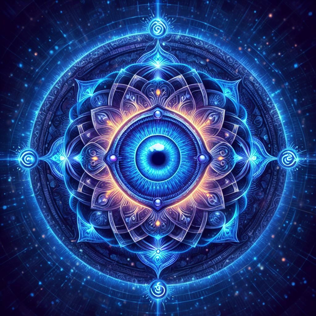 Illustration of the Third Eye Chakra (Ajna) in deep indigo color, symbolizing intuition, wisdom, and spiritual awareness, often represented with a two-petaled lotus and a central eye
