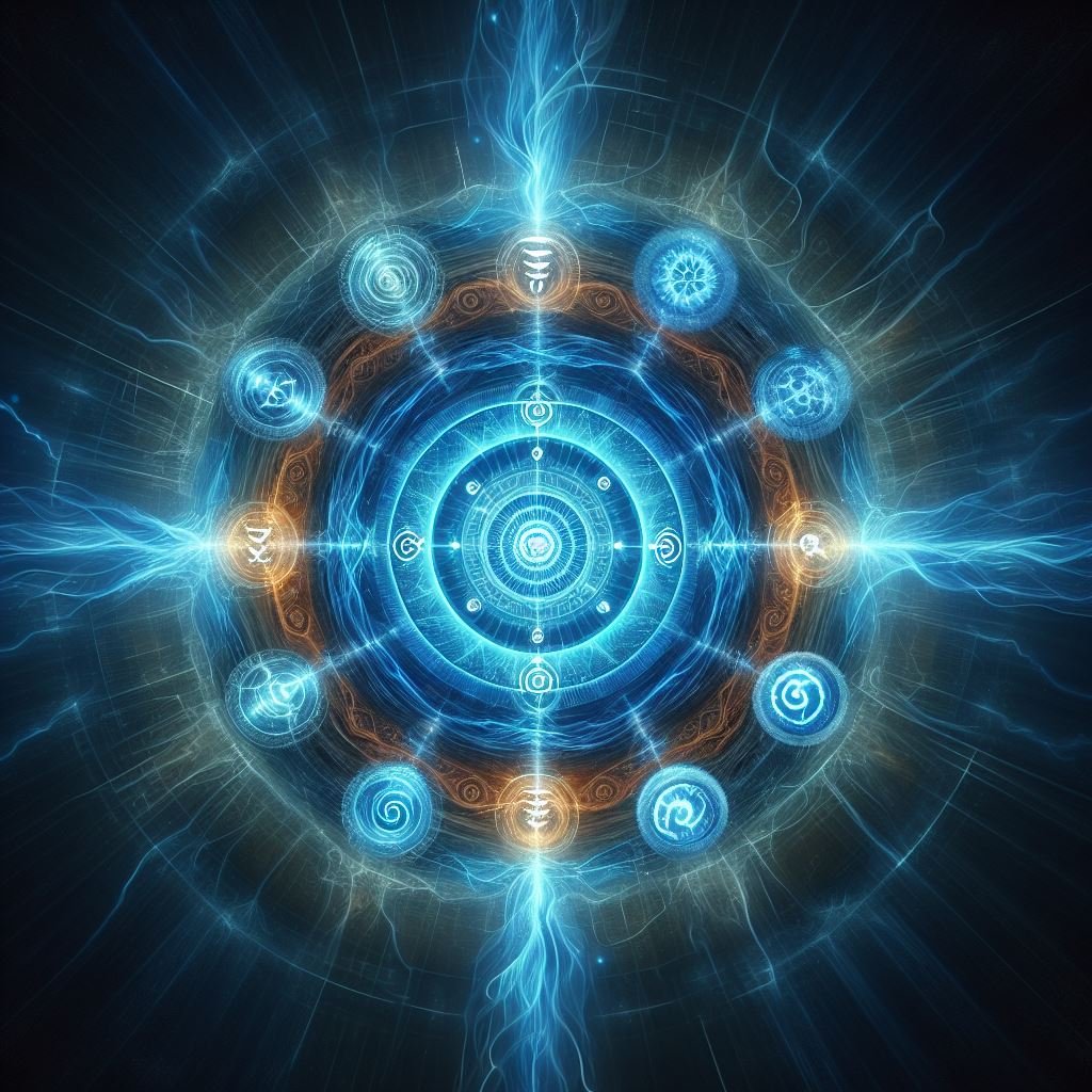 Illustration of the Throat Chakra (Vishuddha), represented by a blue circle with a sixteen-petaled lotus and a downward-pointing triangle inside, symbolizing communication, self-expression, and truth