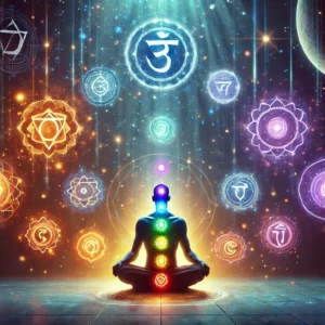 Person meditating with a glowing energy field and floating chakra symbols, representing self-discovery through a chakra quiz.