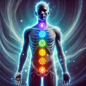 Human figure with dark energy blockages along the chakra system, symbolizing awareness of chakra imbalances.