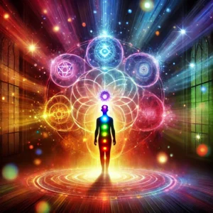 Silhouette of a person surrounded by radiant chakra energy, representing chakra healing, harmony, and energy flow restoration.