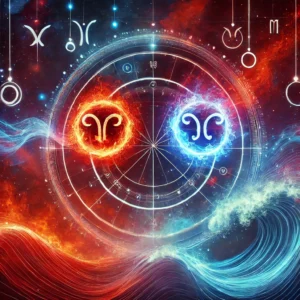 Neptune and Aries Energetic Collision – An abstract cosmic explosion illustrating the fusion of spirituality and action.