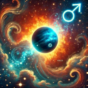 Personal Transformation Under Neptune in Aries – A person standing on a cosmic landscape, witnessing Neptune and Aries aligning.