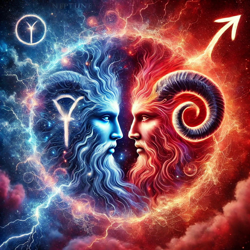 Neptune in Aries Energy Transformation – A cosmic illustration of Neptune moving into Aries, symbolizing energetic transformation.